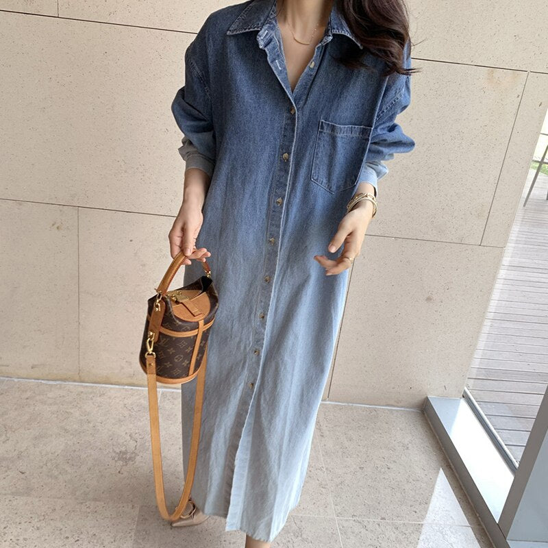 Vintage Chic Denim Maxi Shirt Dress