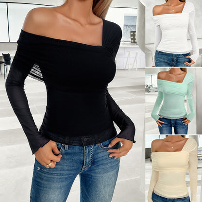 BreezeCharm™ Mesh Diagonal Collar Top