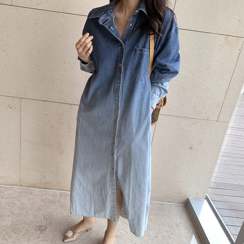 Vintage Chic Denim Maxi Shirt Dress