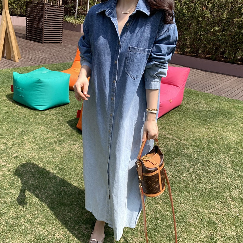 Vintage Chic Denim Maxi Shirt Dress