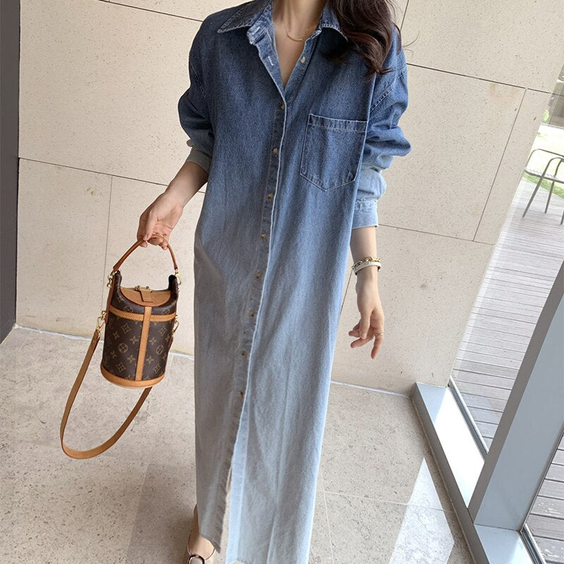 Vintage Chic Denim Maxi Shirt Dress